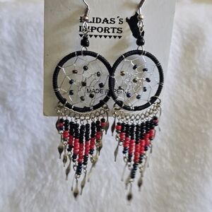 Boho Dreamcatcher Fringe Earrings • Made in Peru • Red & Black Beaded NWT